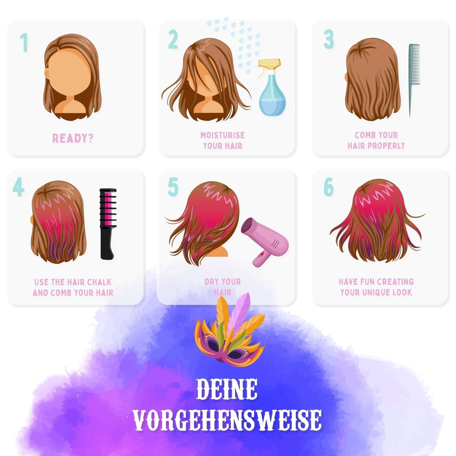 Craie à cheveux Magicat pour filles I 10 couleurs lavables et 5 élastiques à cheveux I Cadeau pour les filles de 4 à 10 ans I Cadeau créatif pour la fête d'anniversaire des enfants 2025 I Coloration pour cheveux Naty Shop sûre et colorée