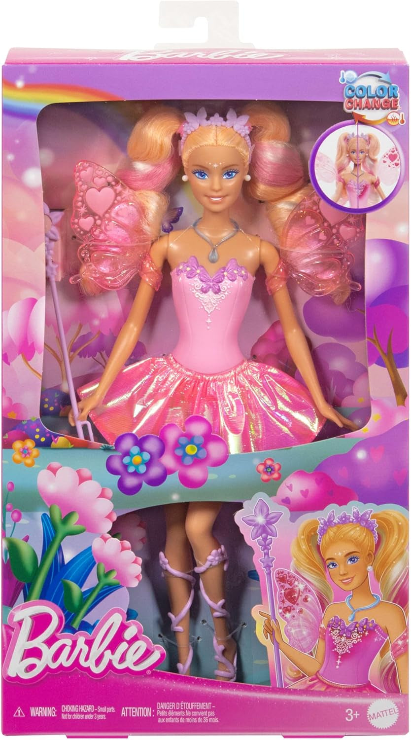 Mattel Poupée Barbie Fée avec baguette jouet et accessoires de mode, thème fantastique avec ailes et tenue changeante de couleur, JCP76, [Multicolore] Naty Shop Dolls