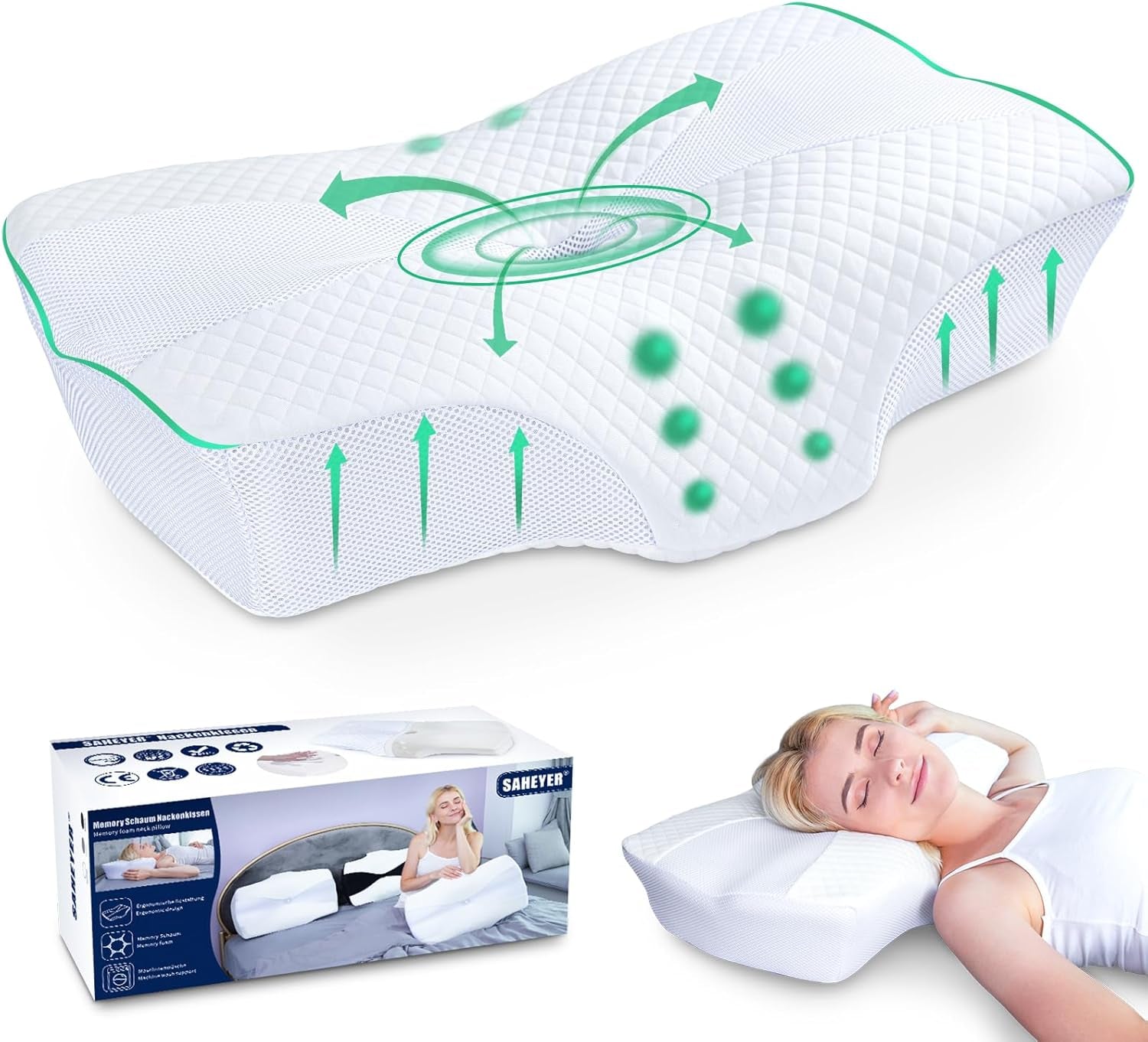 SAHEYER Oreiller Orthopédique Oreiller de Soutien du Cou Oreiller de Tête Oreiller Ergonomique Oreiller Cervical Oreiller pour Dormeur Latéral 60 X 40 X 13/11 cm Oreiller en Mousse à Mémoire pour Dormeur Latéral Dos Ventre Oreillers Cervicaux Orthopédiques Naty Shop Blanc Perle