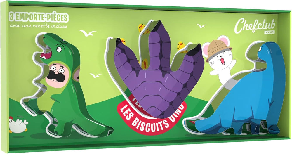 Chefclub Kids - Ensemble d'emporte-pièces dinosaures - Cuisine pour enfants - T-Rex, Empreinte et Diplodocus - Recettes + Vidéos - Pâtisserie familiale ludique - Cadeau pour les 4 ans et plus