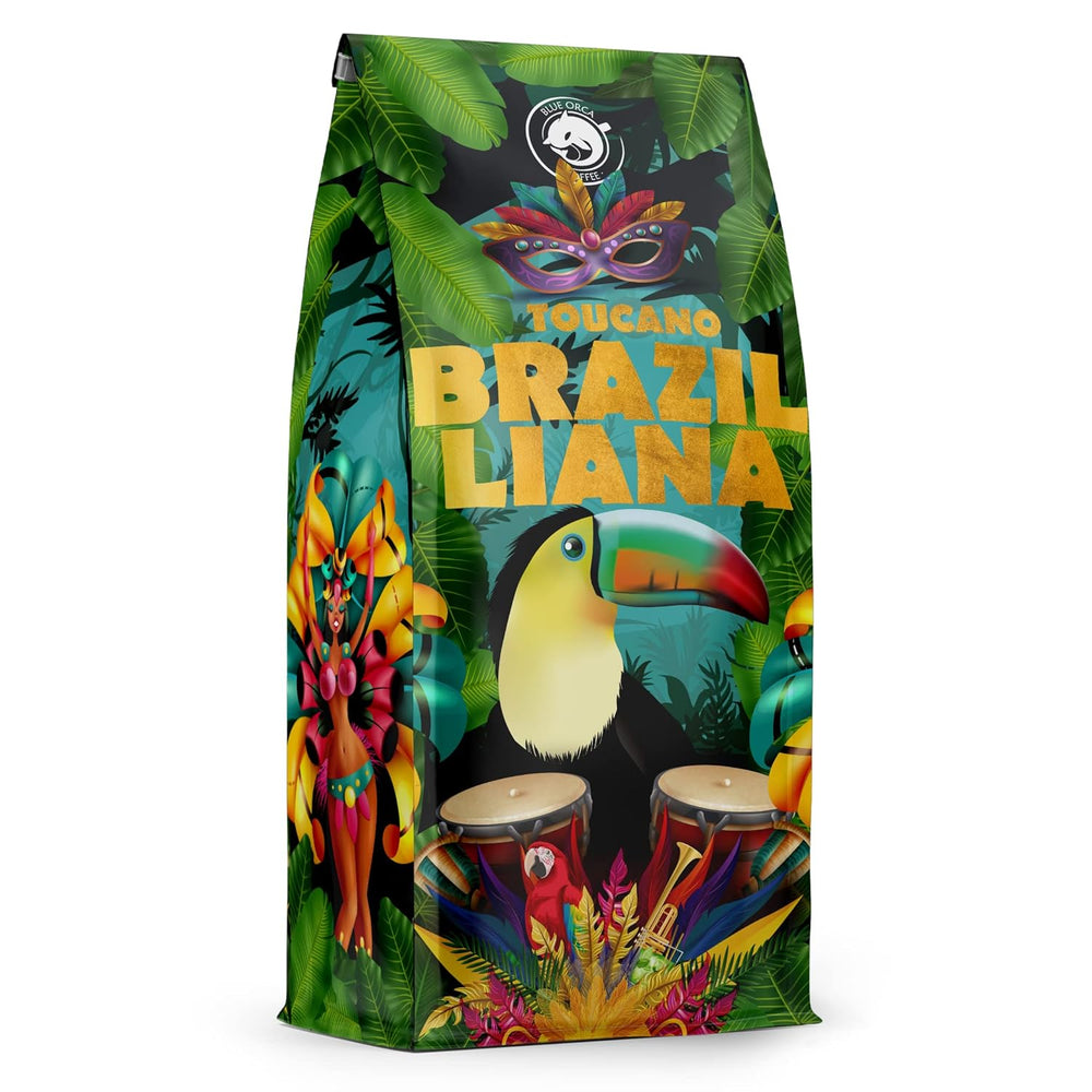 Café moulu Brazilliana Toucano 1 kg | 100% Arabica | avec des notes de noix, de chocolat et de raisins secs | torréfaction moyenne, faible acidité | pour machines à expresso | Torréfaction de café Blue Orca