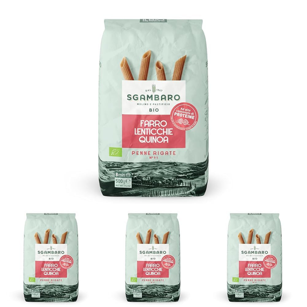 Pâtes Penne Rigate Bio N.91 - 500g à la farine d'épeautre, farine de lentilles et farine de quinoa - Riches en protéines, source de fibres et de protéines