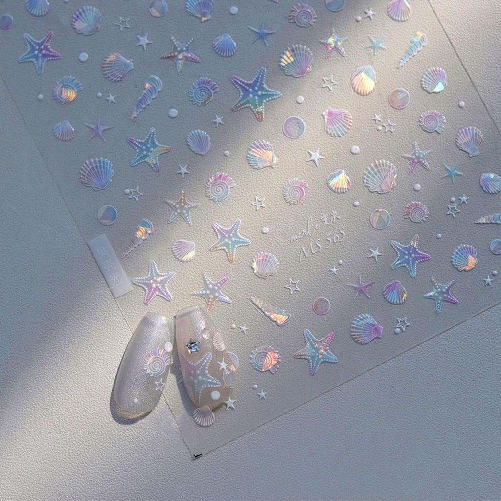 JMEOWIO 3D Nagelsticker Aurora Muschel Seestern Nail Art Sticker Selbstklebend Nagelaufkleber 5D Stereoskopisch Ozean Thema Dekoration Nageldesign Zubehör 1 Blatt