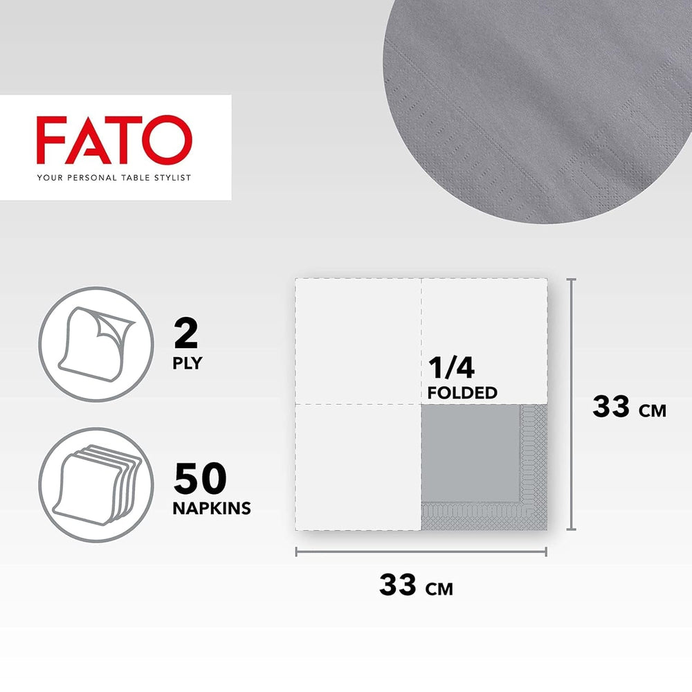 , Serviettes en papier jetables, idéales pour les déjeuners et buffets décontractés, paquet de 50 serviettes, taille 33 x 33, pliées en 4, 2 couches, gris, papier 100 % pure cellulose, certifié FSC