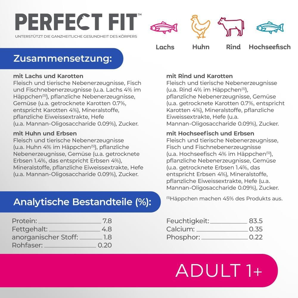 Sélection de nourriture humide Perfect Fit Adult 1+ au saumon, poissons d'eau profonde, bœuf et poulet, 48 sachets, 12x85g (paquet de 4) - Nourriture humide premium pour chat adulte à partir de 1 an