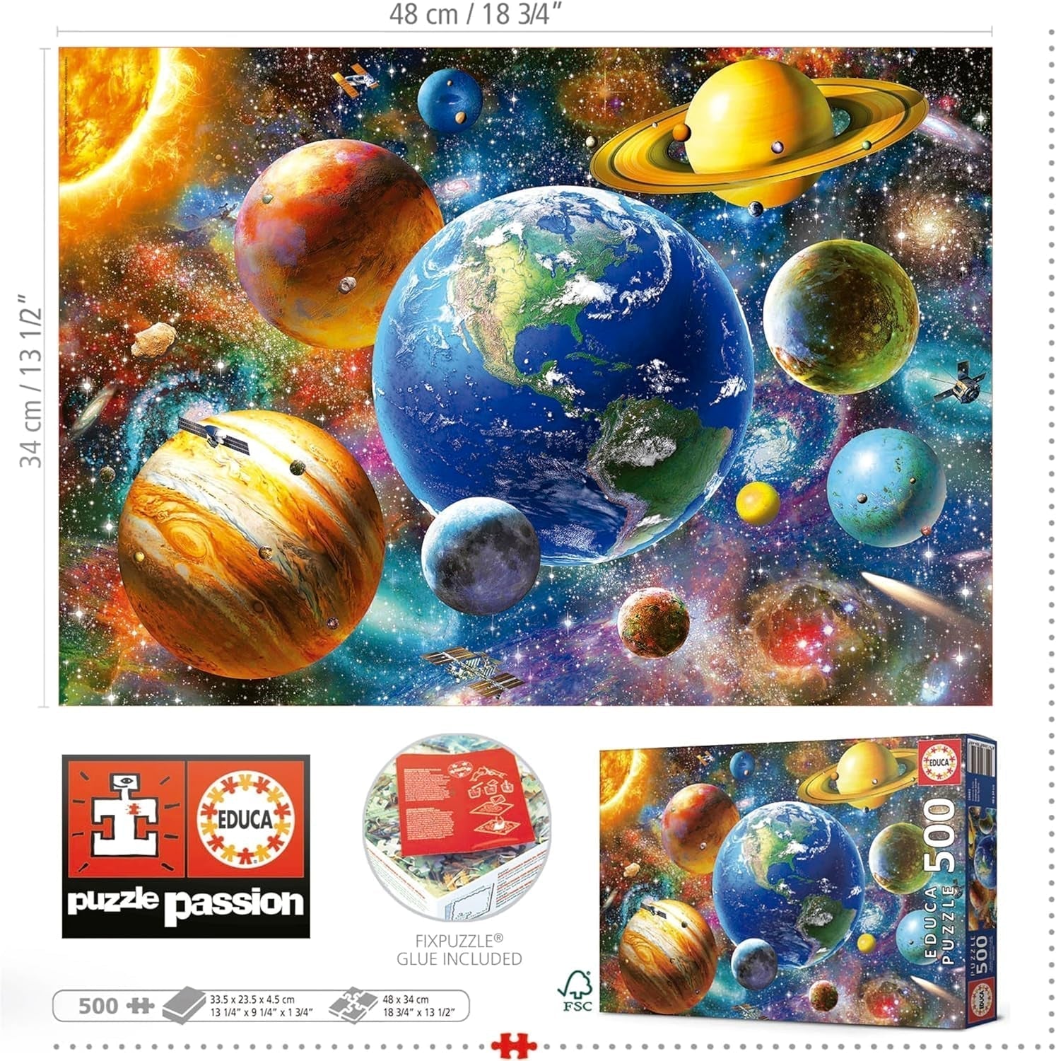 Educa - Puzzle 500 piese pentru adulti | Sistem solar, puzzle 500 piese pentru adulti si copii de la 11 ani, planete, spatiu, spatiu (18449) Puzzle Naty Shop