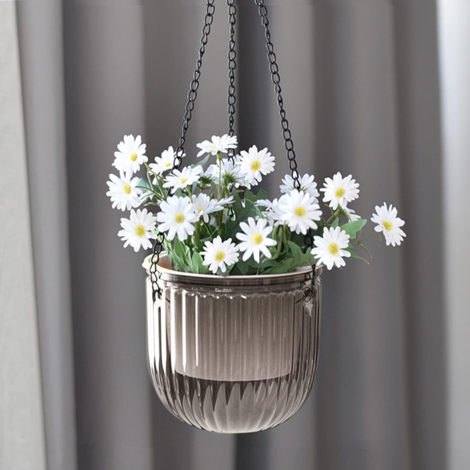 Lot de 2 jardinières suspendues à arrosage automatique, pot de fleur suspendu d'intérieur de 16,5 cm avec 3 crochets et trous de drainage pour une utilisation intérieure et extérieure, plafond, balcon et décoration murale (gris)