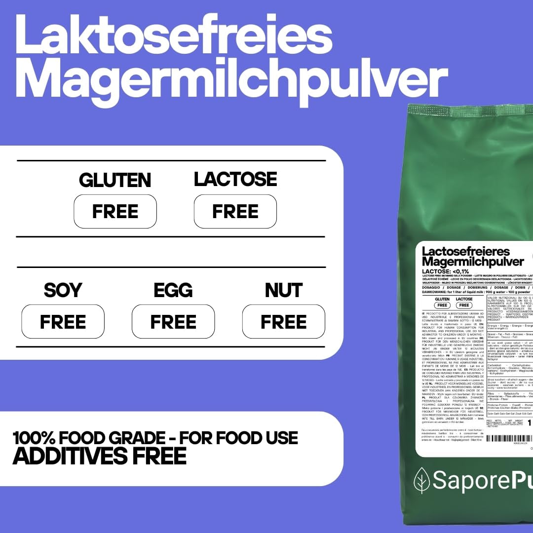 Laktosefreies Magermilchpulver 1 kg | Haute Löslichkeit | Idéal pour les pâtisseries, le pain et les aliments Usage professionnel et industriel Sans lactose Sans gluten