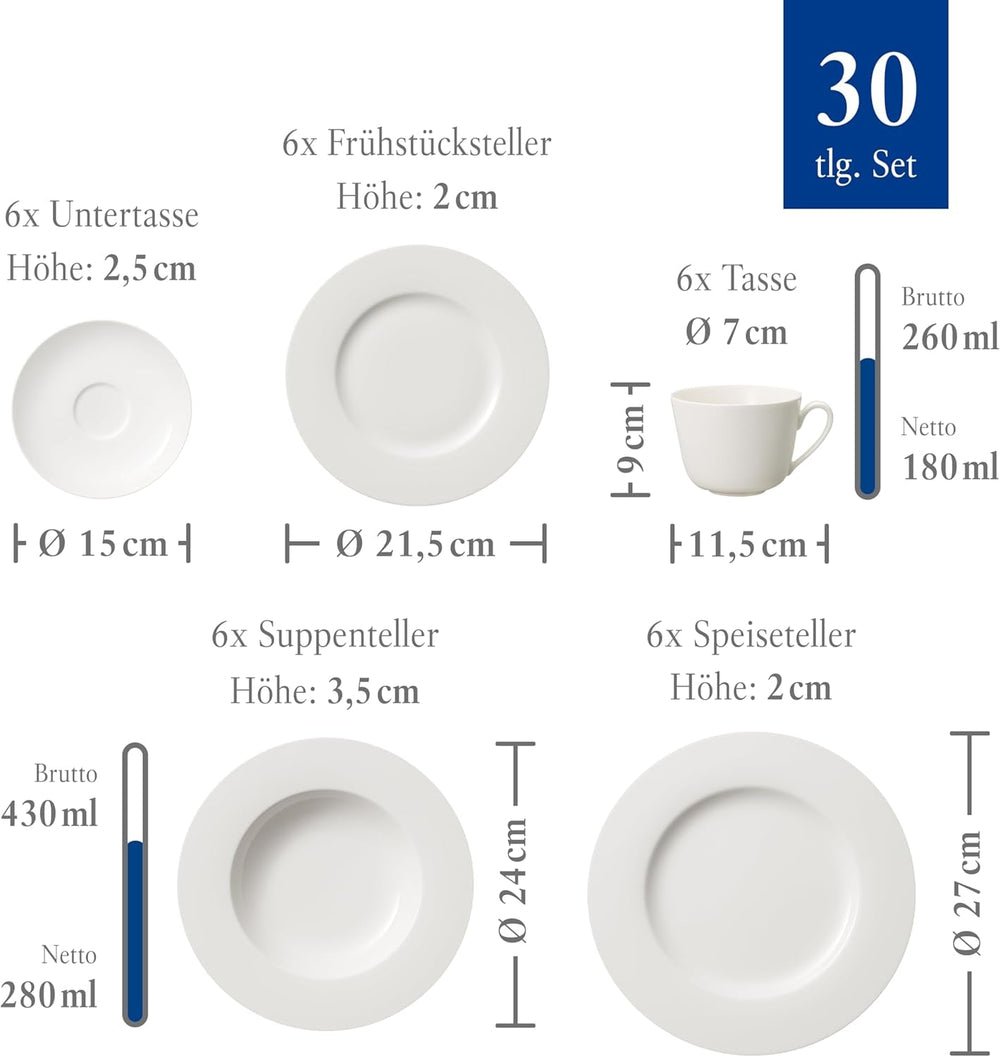 Villeroy & Boch – Twist White Geschirrset 30 Teilig Für 6 Personen, Spülmaschinenfest, Mikrowellensicher, Teller Set, Geschirr, Tafelservice, Kombiservice, Modernes Service Aus Porzellan Seturi vesela masa Naty Shop
