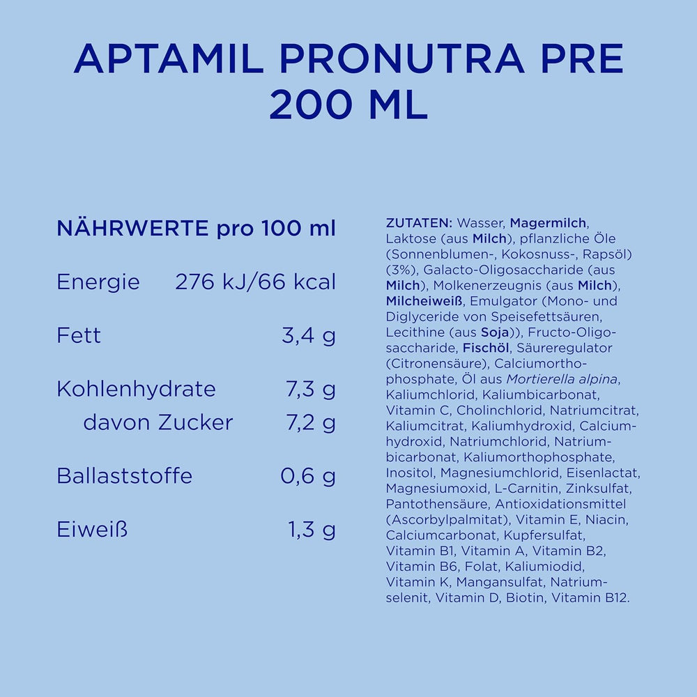 Aptamil Pronutra Pre - Préparation infantile dès la naissance - Aux huiles végétales, sans huile de palme - 6 x 4 x 200 ml (4800 ml)
