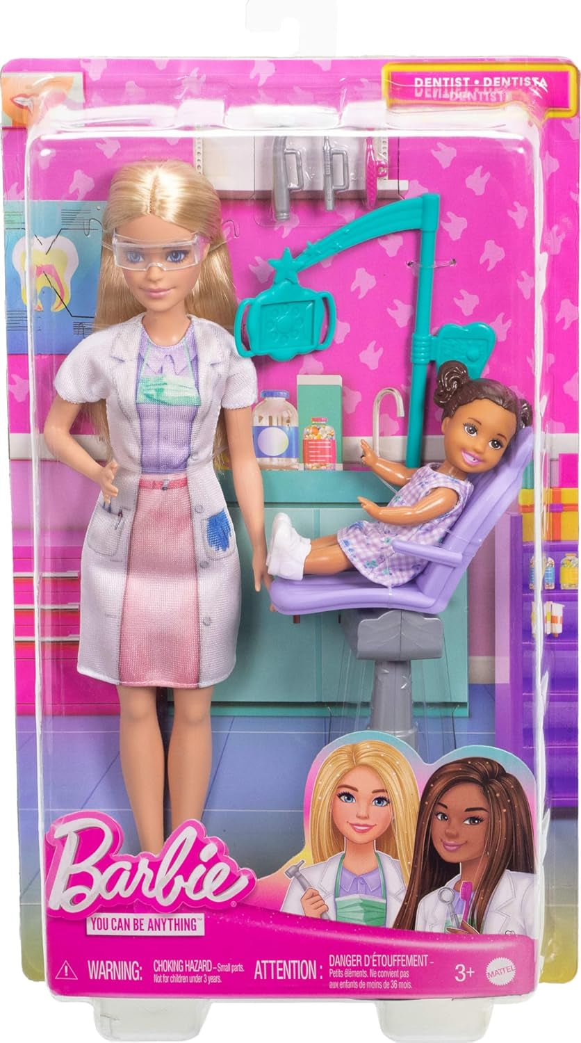 Poupée Barbie Dentiste, poupée mannequin aux cheveux blonds, robe bleue et blouse de laboratoire, 1 poupée enfant, accessoires d'examen et accessoires assortis, JCR74
