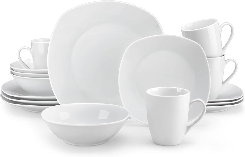 MALACASA Service de table pour 4 personnes, 16 pièces en porcelaine blanche, service de table moderne avec 4 assiettes plates, assiettes à dessert, assiettes et tasses Suma, série ELISA