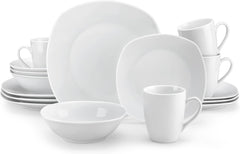 MALACASA Service de table pour 4 personnes, 16 pièces en porcelaine blanche, service de table moderne avec 4 assiettes plates, assiettes à dessert, assiettes et tasses Suma, série ELISA