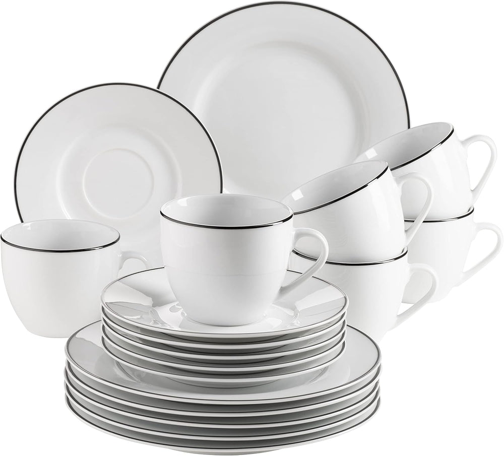 Mäser Nola Series Service à café moderne pour 6 personnes Blanc avec bord noir Service de table 18 pièces Tasses à café Soucoupes et assiettes à dessert – Service à café rond Service à café Blanc