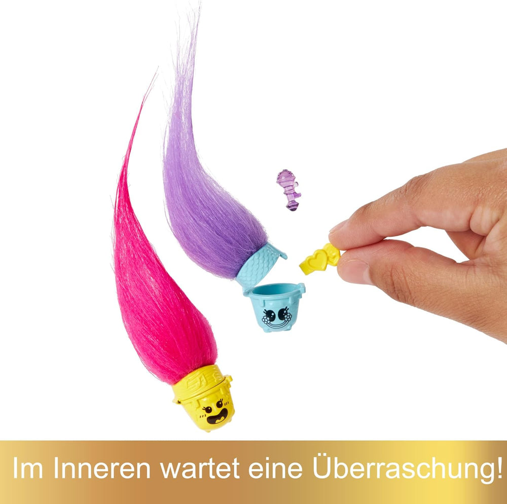 Mattel DREAMWORKS TROLLS Gemeinsam Stark – Haarige Überraschungen Poppy Königin Poppy, Viva, Branch et Guy Diamond Plüschhaar, 2 Haarige Überraschungen, Zubehör, für Kinder ab 3 Jahren, HNF10