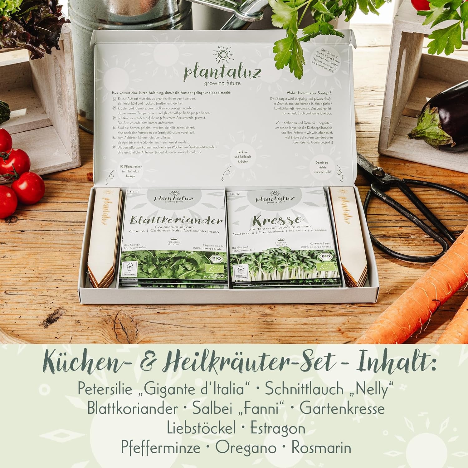Plantaluz Premium Bio Seed Set P03 – Set de graines de plantes culinaires et médicinales pour jardin, balcon et intérieur – incl. Bâtonnets de plantation FSC – Graines biologiques pollinisées, non traitées et sans OGM