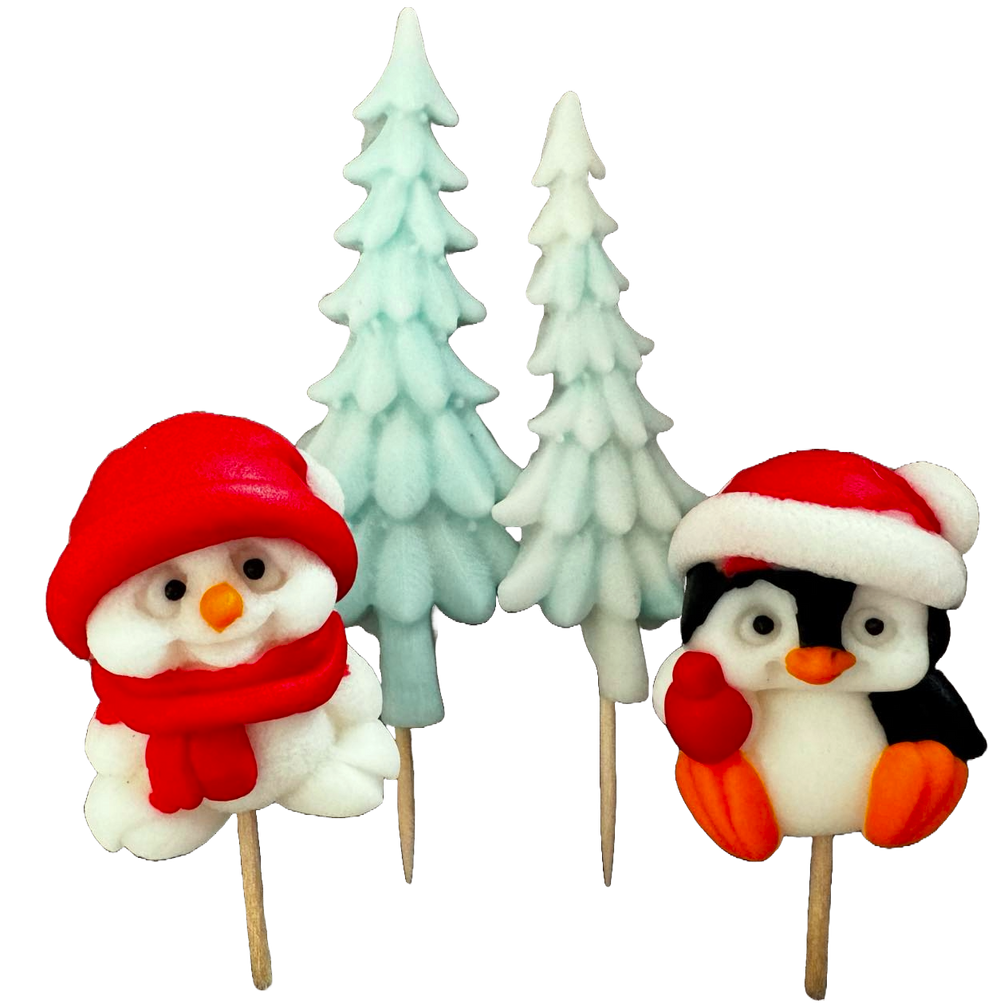 Set 4 decoratiuni comestibile din pasta de zahar, Craciun, pinguin, ursulet si braduti Decoratiuni din Pasta de Zahar Naty Shop