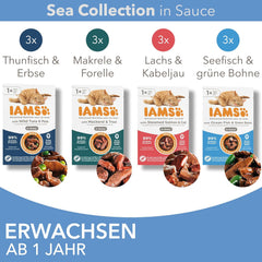 IAMS Delights Sea Collection Katzenfutter Nass - Multipack mit Fisch Sorten (Lachs, Thunfisch, Maquereau, Seefisch) en Sauce, Nassfutter für Katzen à partir de 1 janvier, 12 x 85g