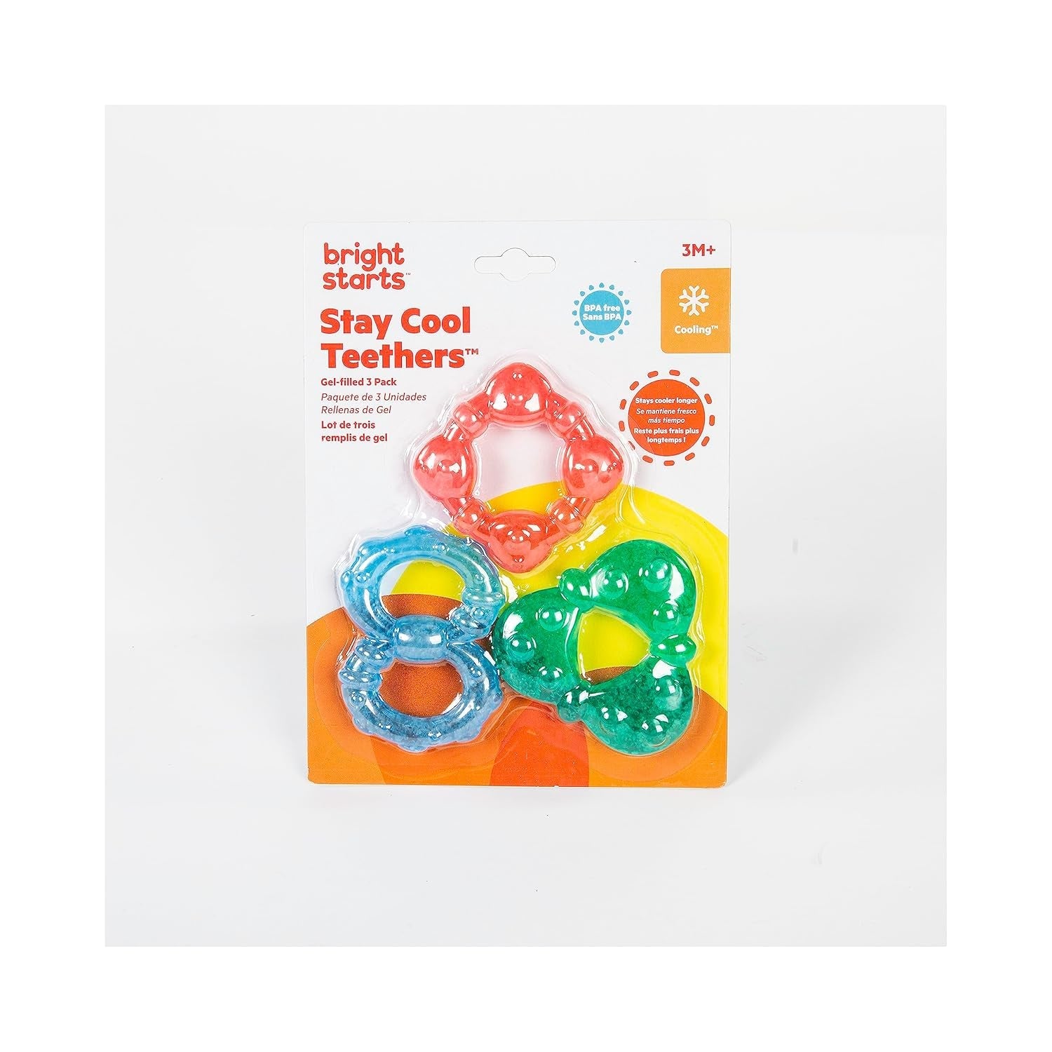 Bright Starts Stay Cool Anneaux de dentition plus frais Turquoise/Bleu/Rouge Facile à tenir Technologie de refroidissement longue durée Silicone Sans BPA