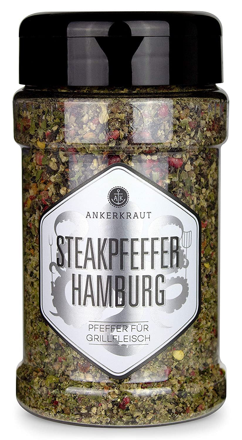 Ankerkraut Steakpfeffer Hamburg, Pfefferkörner Hausmischung, grober Steakhouse-Pfeffer, frische Note, Universal Allrounder, Lecker Kochen mit Qualität, 80 g dans Korkenglas