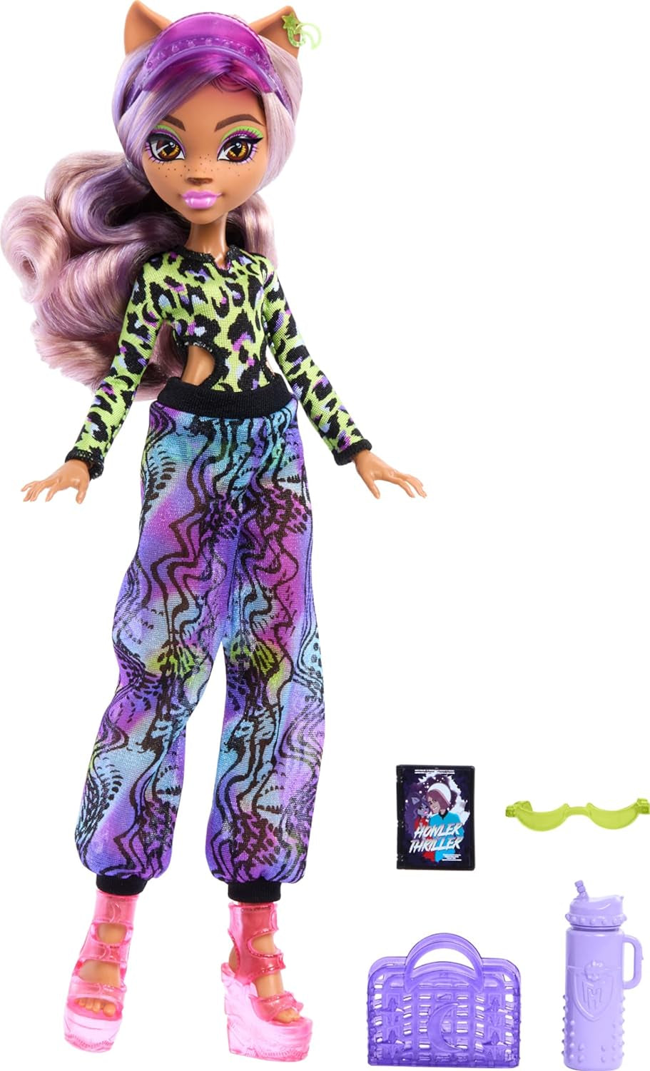 Poupée Monster High Scare Adise Island Clawdeen Wolf avec maillot de bain, bas de jogging et accessoires de plage tels que visière, bouteille d'eau et livre