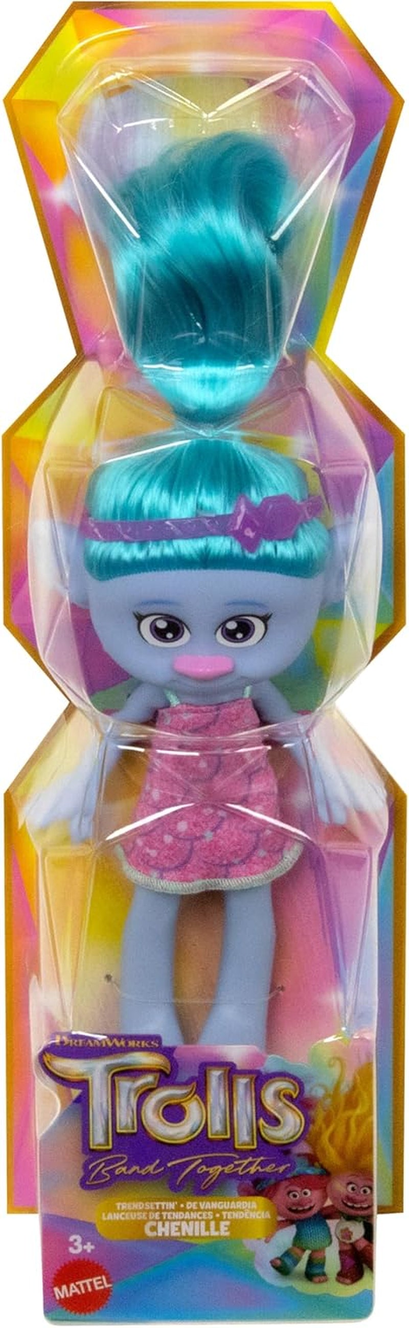 Mattel DREAMWORKS TROLLS Gemeinsam Stark – Poupées en chenille à poils longs avec couleur bleu clair Cheveux pour style, lila Stirnband, pour enfants de 3 ans, HNF15