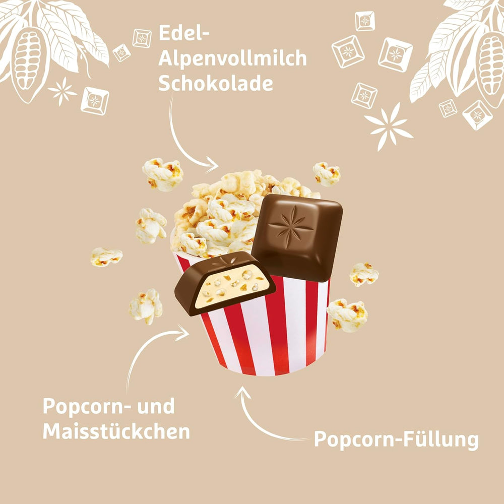 Popcorn Schogetten 1 barre de chocolat x 100g, chocolat au lait avec popcorn et morceaux de maïs, morceaux individuels pratiques. Un délice. Pièce par pièce.