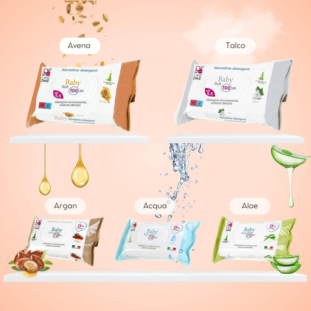 Lingettes pour bébé avec talc pour peaux sensibles, sans alcool, respectueuses de la peau, pH 5,5, légèrement parfumées, 1200 unités (paquet de 12)