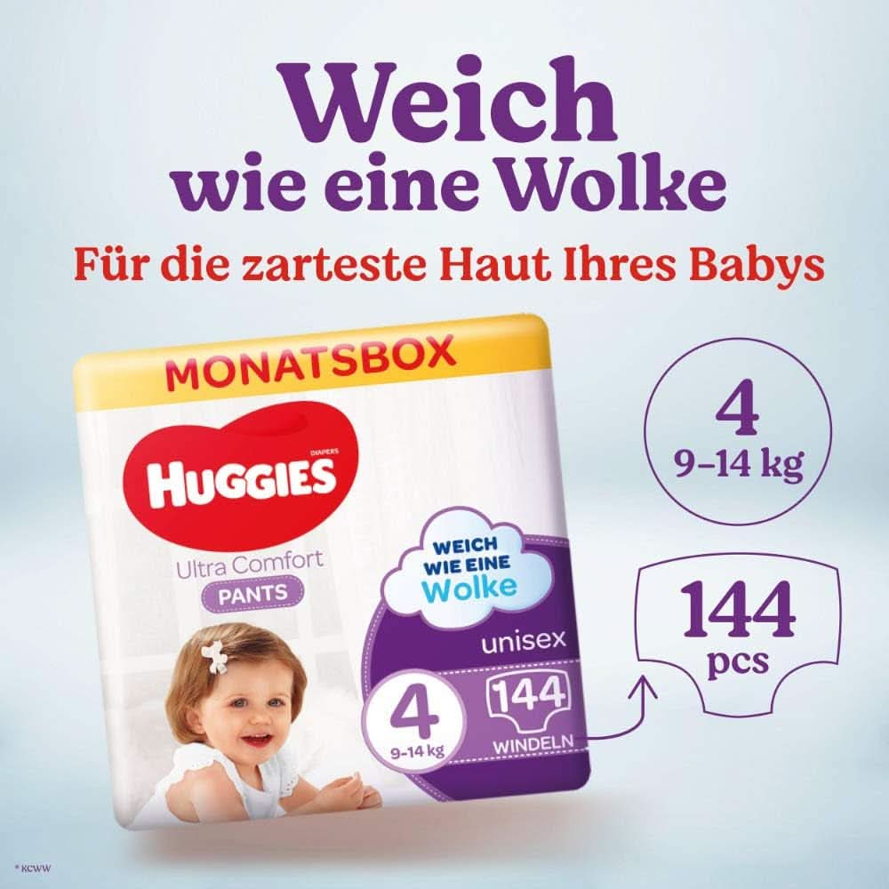 Pantalon Huggies Ultra Comfort taille 4, 9-14 kg, Pour les enfants actifs, Avec indicateur d'humidité et technologie de ceinture nuageuse, 144 couches Mère et Enfant Naty Shop