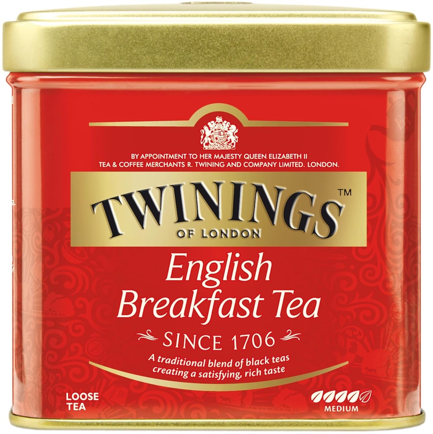 Twinings English Breakfast Tea Ceai negru vrac în cutie de ceai Ceai negru puternic din frunze de ceai de înaltă calitate culese din cele mai bune plantații de ceai din Sri Lanka și India G, neutru, 100 grame