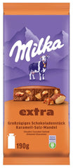 Milka Extra Caramel Sel Amande - Chocolat au lait alpin avec des morceaux de caramel, des amandes et une pincée de sel - 190g