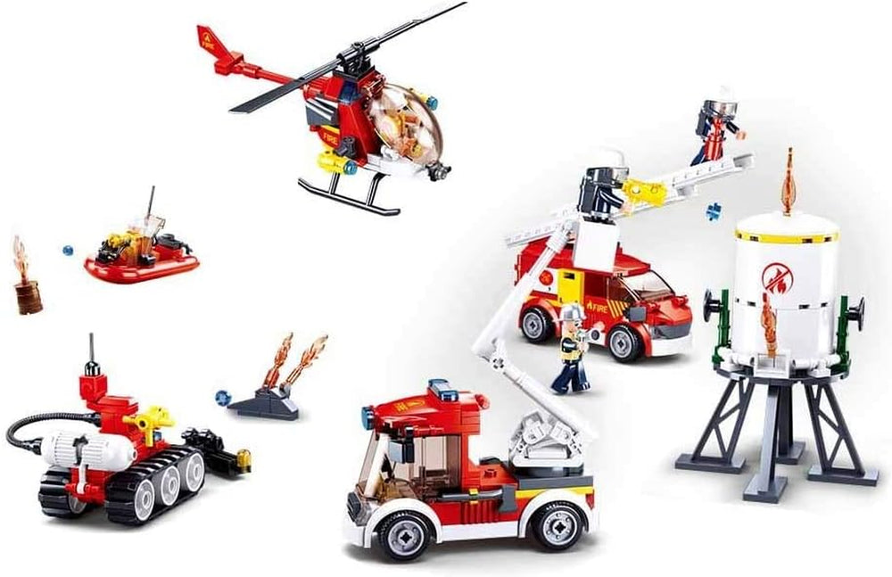 Sluban Klemmbausteine ​​​​SL95681, Feuerwehrfahrzeuge Set (490 Teile) [M38-B0811], Spielset, Klemmbausteine, Rettungskräfte, mit Spielfigur, Feuerwehr, bunt