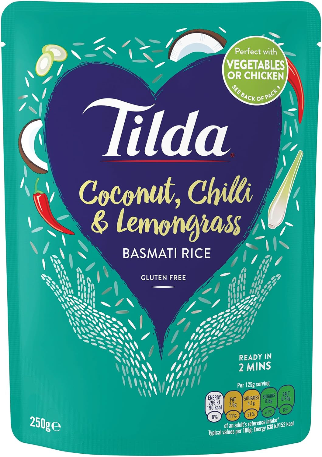 Riz basmati cuit à la vapeur Tilda avec noix de coco, piment et citronnelle - Paquet de 6 (6 x 250 g)