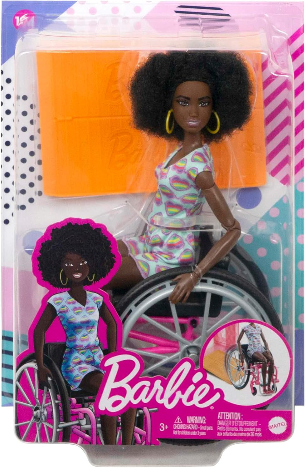 Barbie Fashionistas, mit schwarzen Haaren, im Rollstuhl mit farbigem Globalement, Rollstuhl mit Rampe, inkl. Poupée, cadeau pour enfants, jeu à partir de 3 ans, HJT14