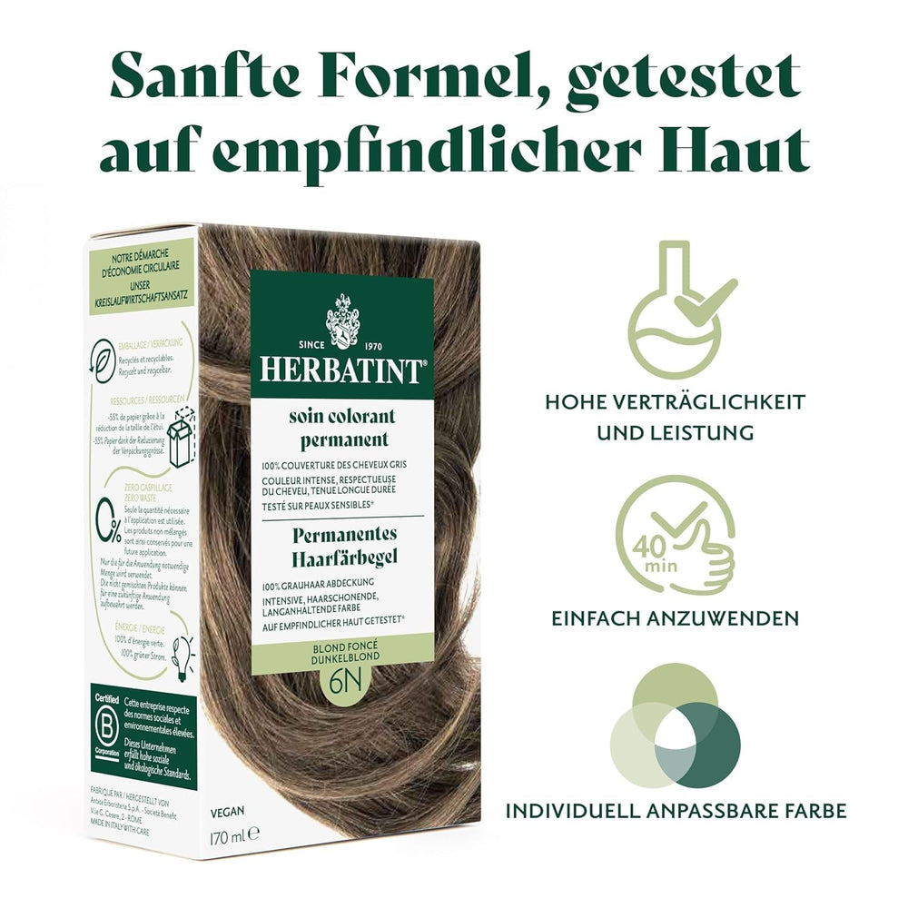 Gel de teinture capillaire permanente 6N blond foncé - 170 ml I Sans ammoniaque, couverture à 100% des cheveux gris I Testé sur peaux sensibles, aux 8 extraits de plantes Teinture capillaire Naty Shop