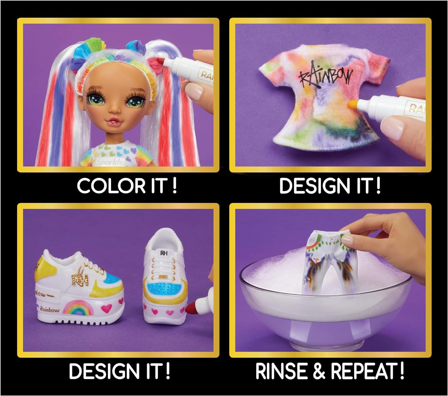 Rainbow High Color & Create DIY Modepuppe - Vert Augen, Zopfe, extra Top & Schuhe, abwaschbare Regenbogenstifte - Ausmalen, Gestalten, Spielen, Auswaschen - pour les enfants de 4 à 12 ans et les jeunes