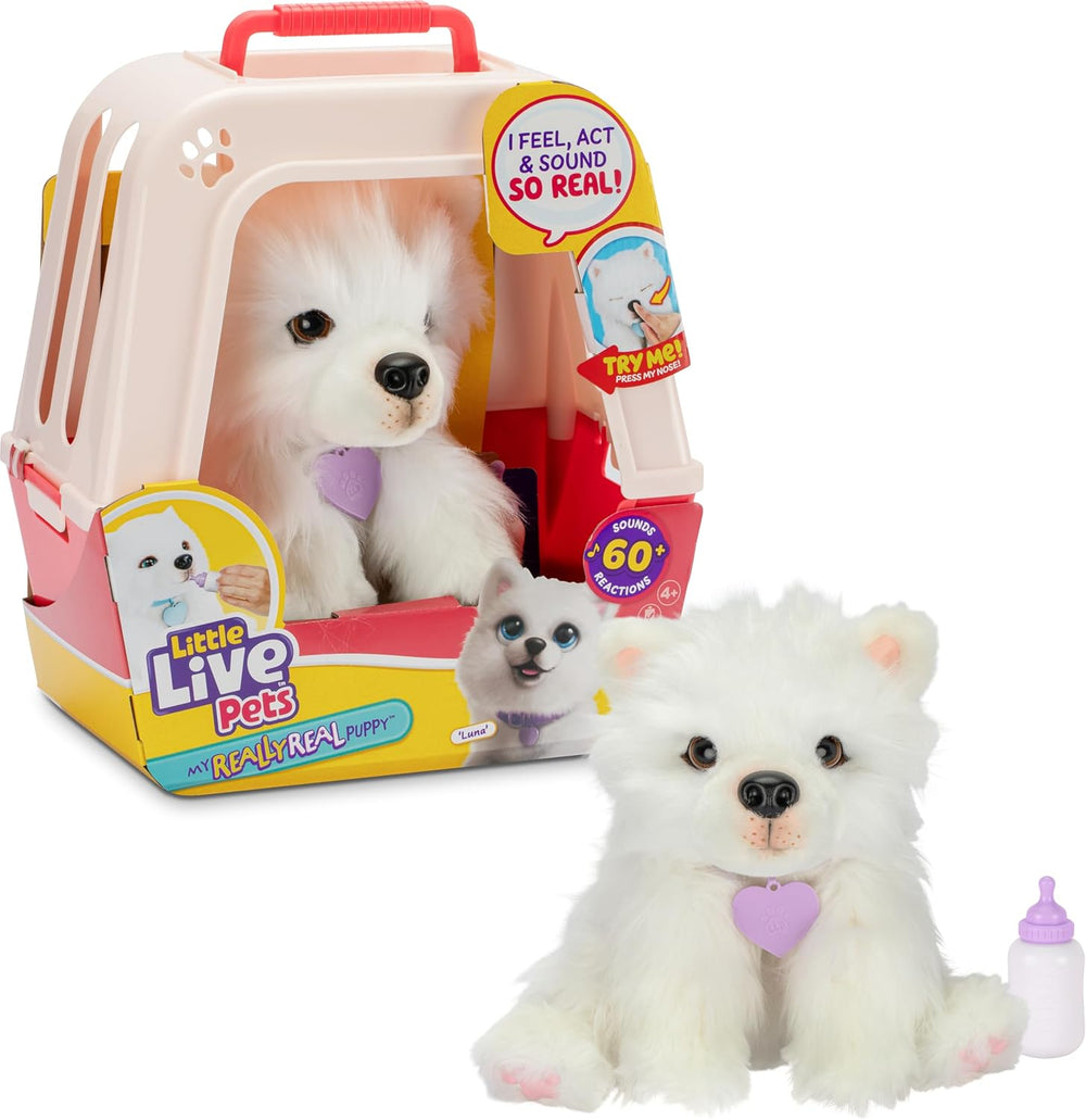 Little Live Pets My Really Real Puppy – Patches; Interaktiver Welpe; 60+ Geräusche/Reaktionen; realistisches Aussehen; 1 aus 72 Varianten; Spielset mit Transportbox; Batterien enthalten; ab 5 Jahren