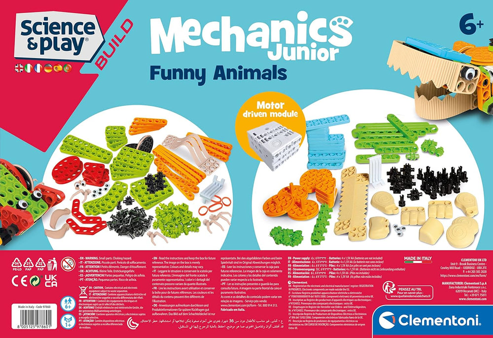 Clementoni 97860 Science & Play Build – Mechanics Junior Lustige Tiere, Bausatz for 8 Tiermodelle, Motorbetriebenes Konstruktionspielzeug for Kinder ab 6 ans Amazon Exclusive