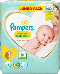 Couches Pampers Premium Protection pour nouveaux bébés, pack Jumbo, taille 1, 72 pièces