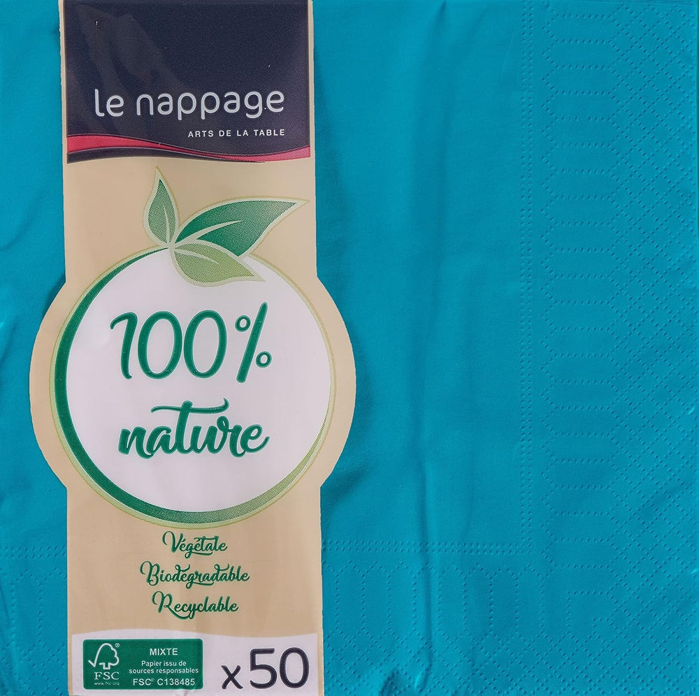 50 serviettes, coton, 33 x 33 cm, 2 épaisseurs, turquoise, cellulose Fsc, 33 x 33 cm (lot de 3)