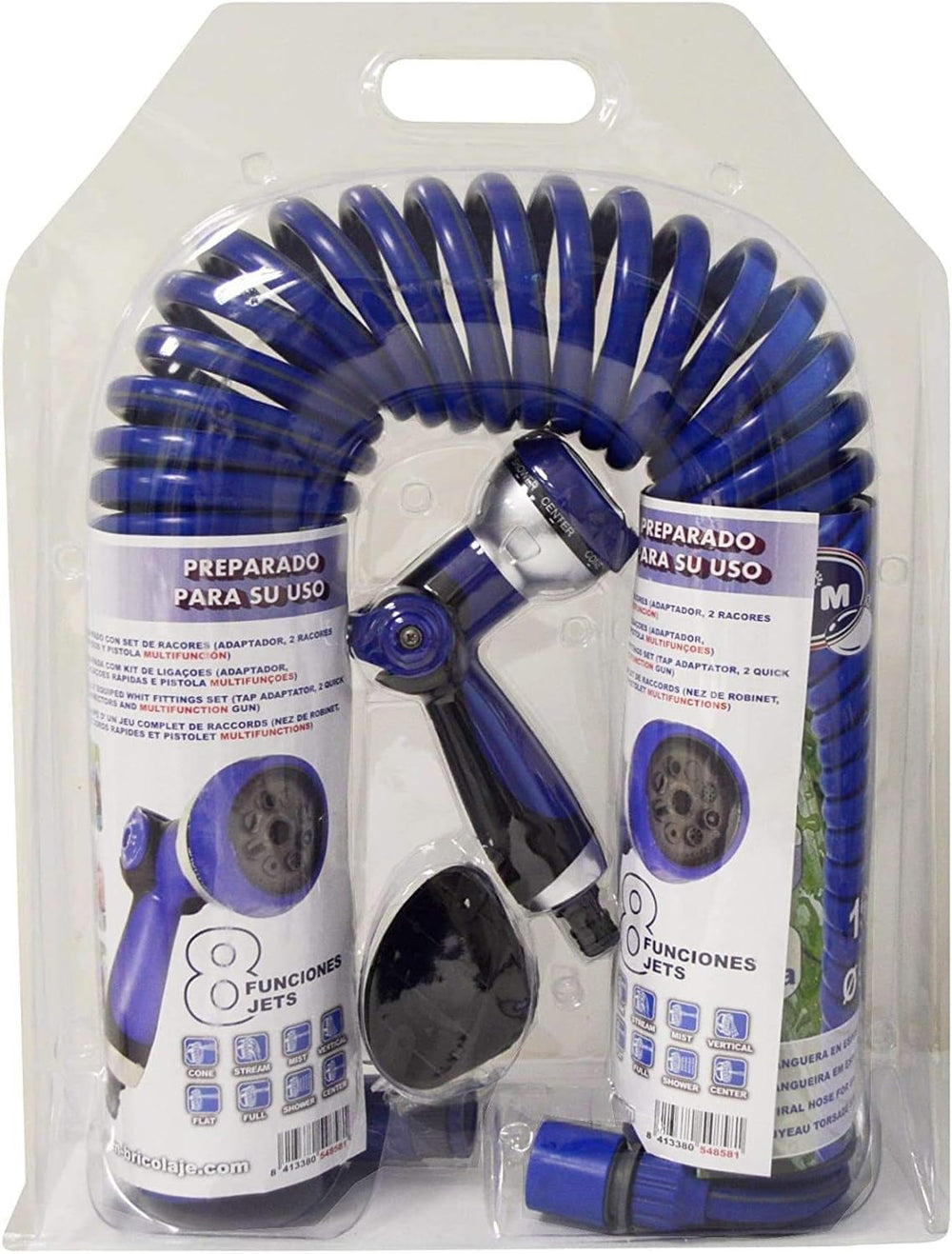 590078 – Jeu de tuyaux spiralés, bleu, 15 mètres (diamètre 9 mm) + pistolet multifonction avec 8 buses + filetage intérieur automatique avec adaptateur ¾-½ + 2 connecteurs rapides + support de suspension