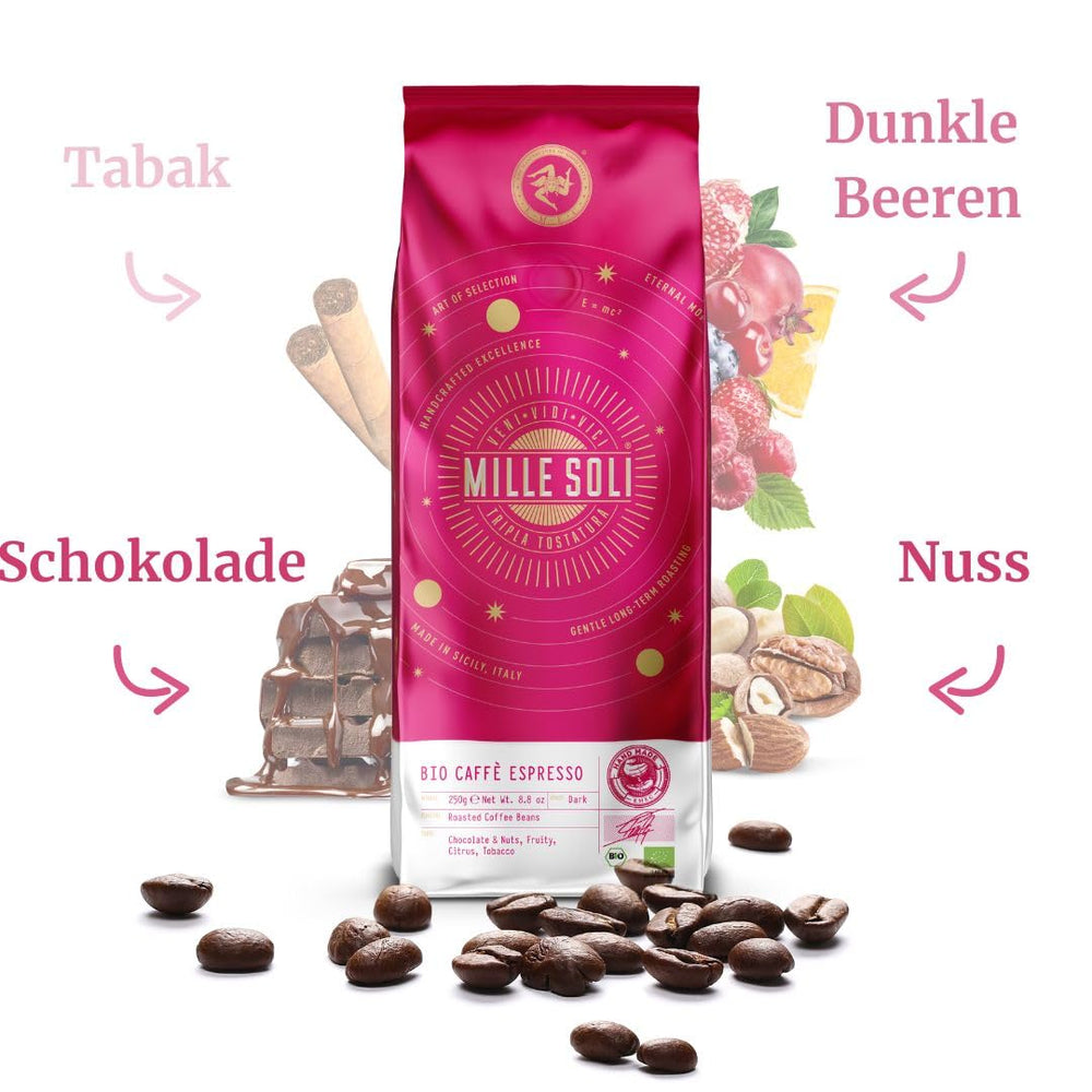 Café en grains d'espresso biologique 250 g - 100 % biologique - Torréfié en Sicile - Méthode de torréfaction artisanale vieille de plusieurs siècles - Grains d'espresso de qualité supérieure pour machines entièrement automatiques et porte-filtre