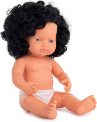 Miniland Dolls : poupée européenne pour bébé fille avec serrures noires, 38 cm, en vinyle blanc, dans un sac transparent. (31232)