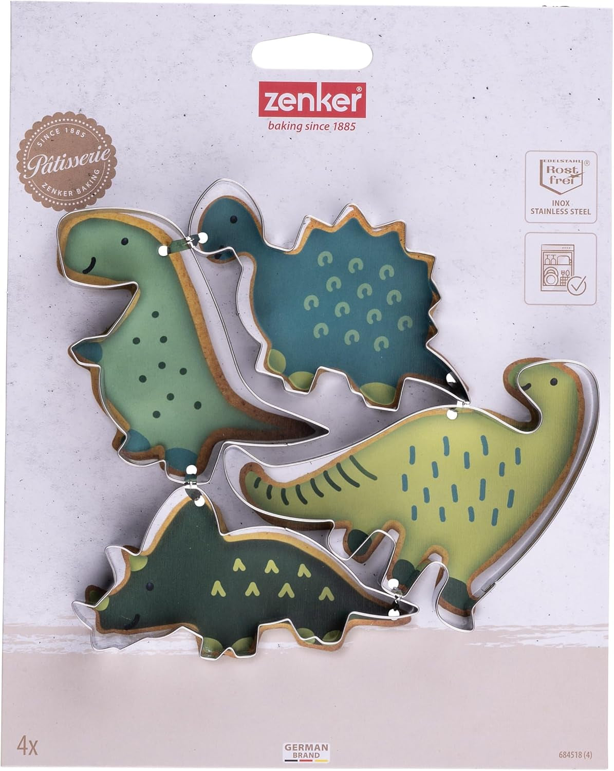 Zenker Lot de 4 emporte-pièces en forme de dinosaure en acier inoxydable – Parfait pour les séances de pâtisserie créatives avec les enfants, passe au lave-vaisselle, design dinosaure moderne, argent