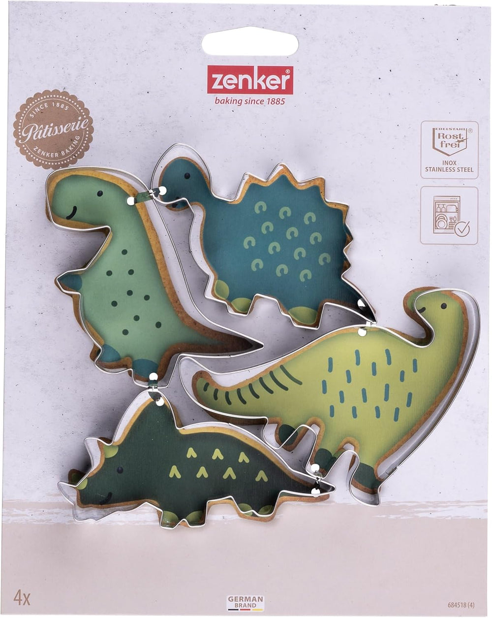 Zenker Lot de 4 emporte-pièces en forme de dinosaure en acier inoxydable – Parfait pour les séances de pâtisserie créatives avec les enfants, passe au lave-vaisselle, design dinosaure moderne, argent