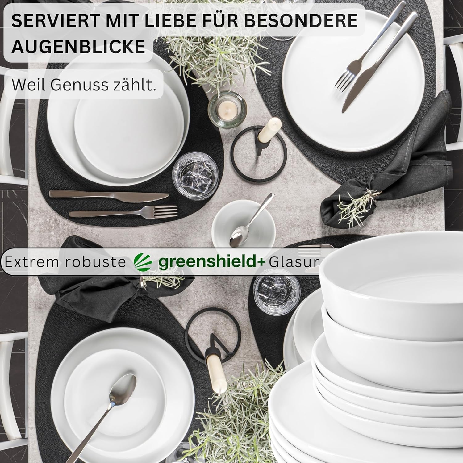 SANGER | Marlo White Service de table 24 pièces pour 6 personnes avec assiettes à dessert, assiettes plates, bols et bols à céréales, service de table en porcelaine, vaisselle au design moderne, collection PREMIUM