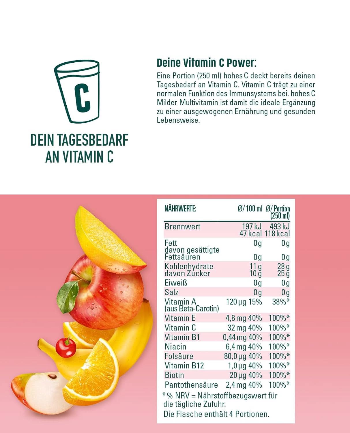 High C Mild Multivitamin (1 X 1,5L), 100% jus, pomme, orange, acérola, mangue, 7 vitamines, Sans sucre ajouté selon la loi, Moins d'acide, Boissons végétaliennes sans alcool Naty Shop