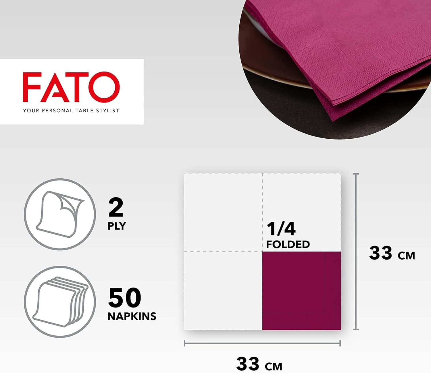 Fato - Șervețele de hârtie de unică folosință, Ideale pentru prânzuri informale și bufete, Pachet de 40 de șervețele, Dimensiune 38X38, Pliate 4 ori, 2 straturi, Culoare Bordeaux, 100% hârtie din celuloză pură, FSC
