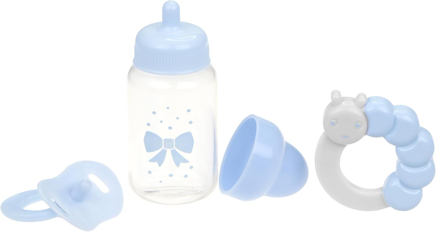 JC Toys- Lot de 3 accessoires pour poupées (biberon, tétine et hochet), rose et blanc, convient à toutes les poupées jusqu'à 50 cm, +2 ans
