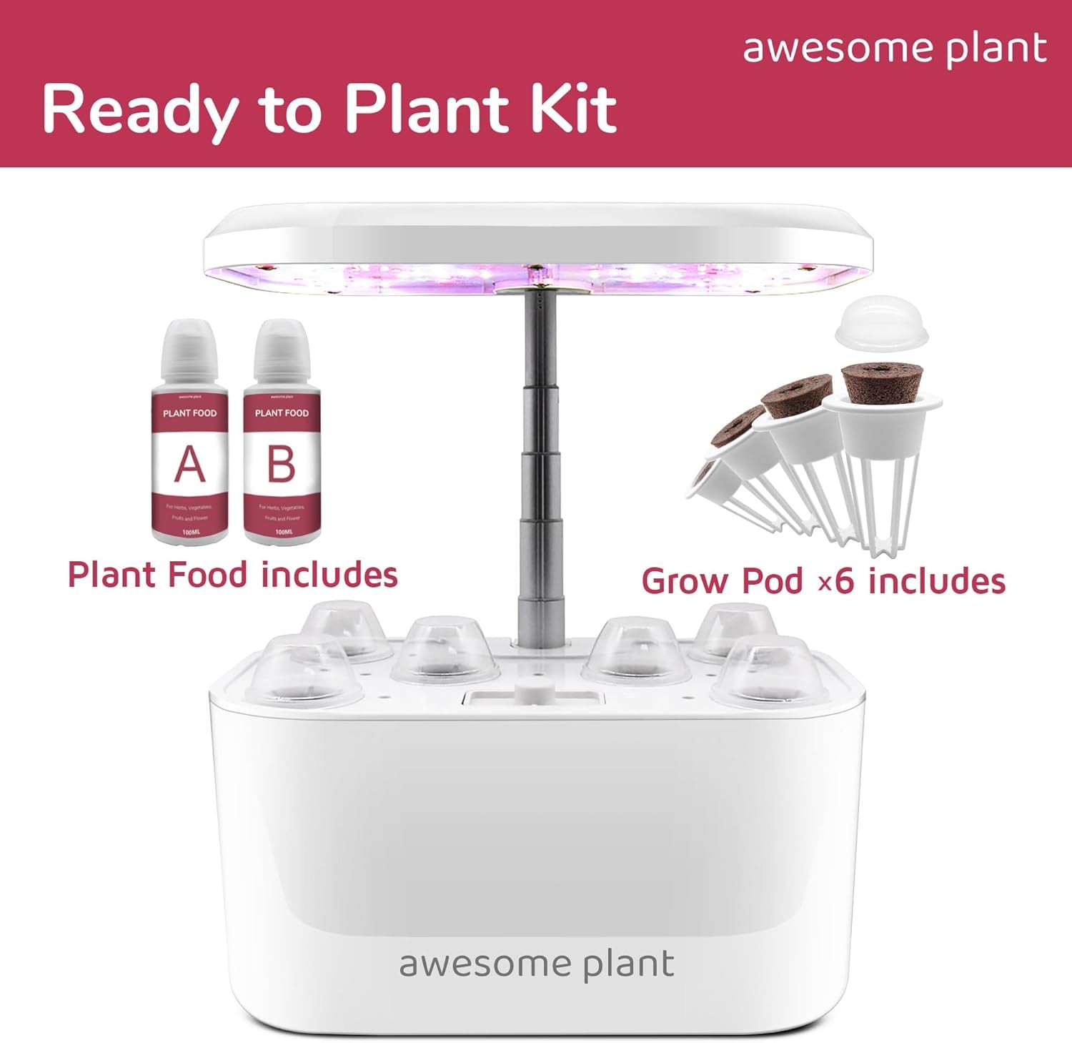 Kit de système de culture hydroponique 6Pro (6 capsules), kit de jardinage d'intérieur avec réservoir d'eau de 3 L, 3 modes de culture et pompe silencieuse, kit de culture d'herbes et de salades maison, hauteur réglable jusqu'à 33,0 cm, blanc